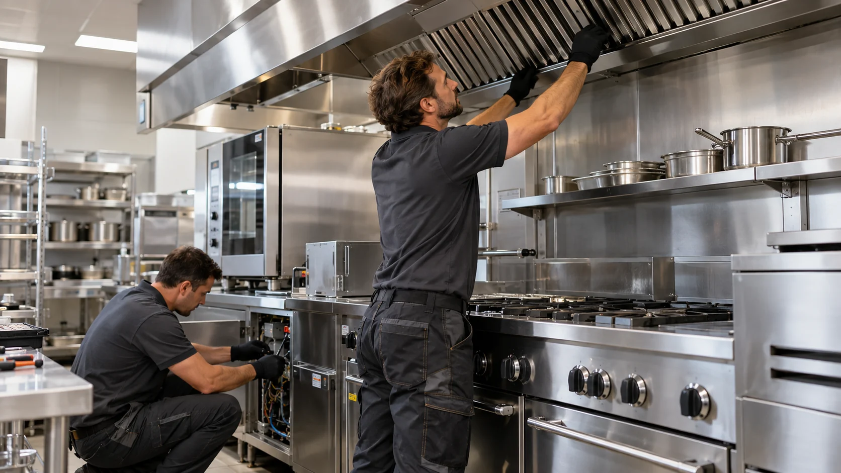 Techniciens intervenant sur une cuisine professionnelle